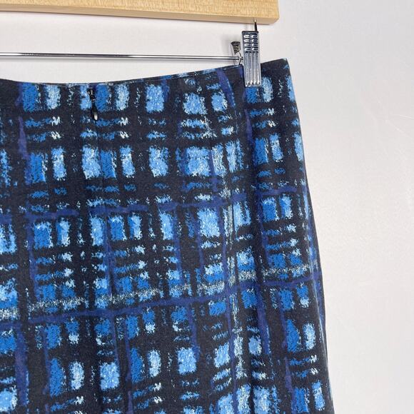 J Mclaughlin 6 Blue Plaid Print Knit Pencil Skirt Rayon Stretch Work Office - Picture 5 of 9